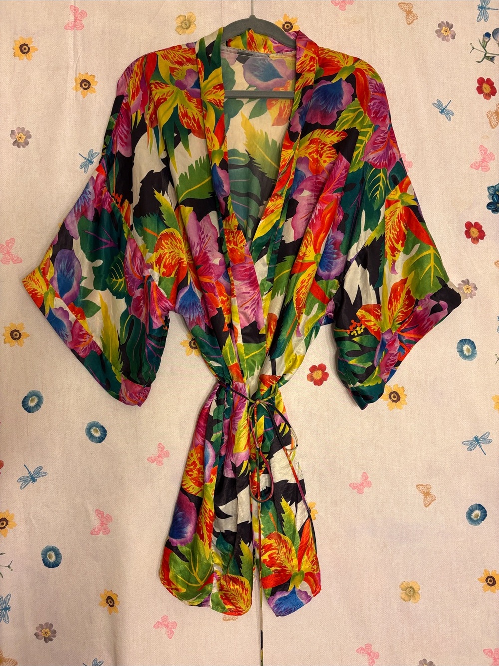 Vintage Vibrant Floral Satin Kimono Robe - Multicolor
